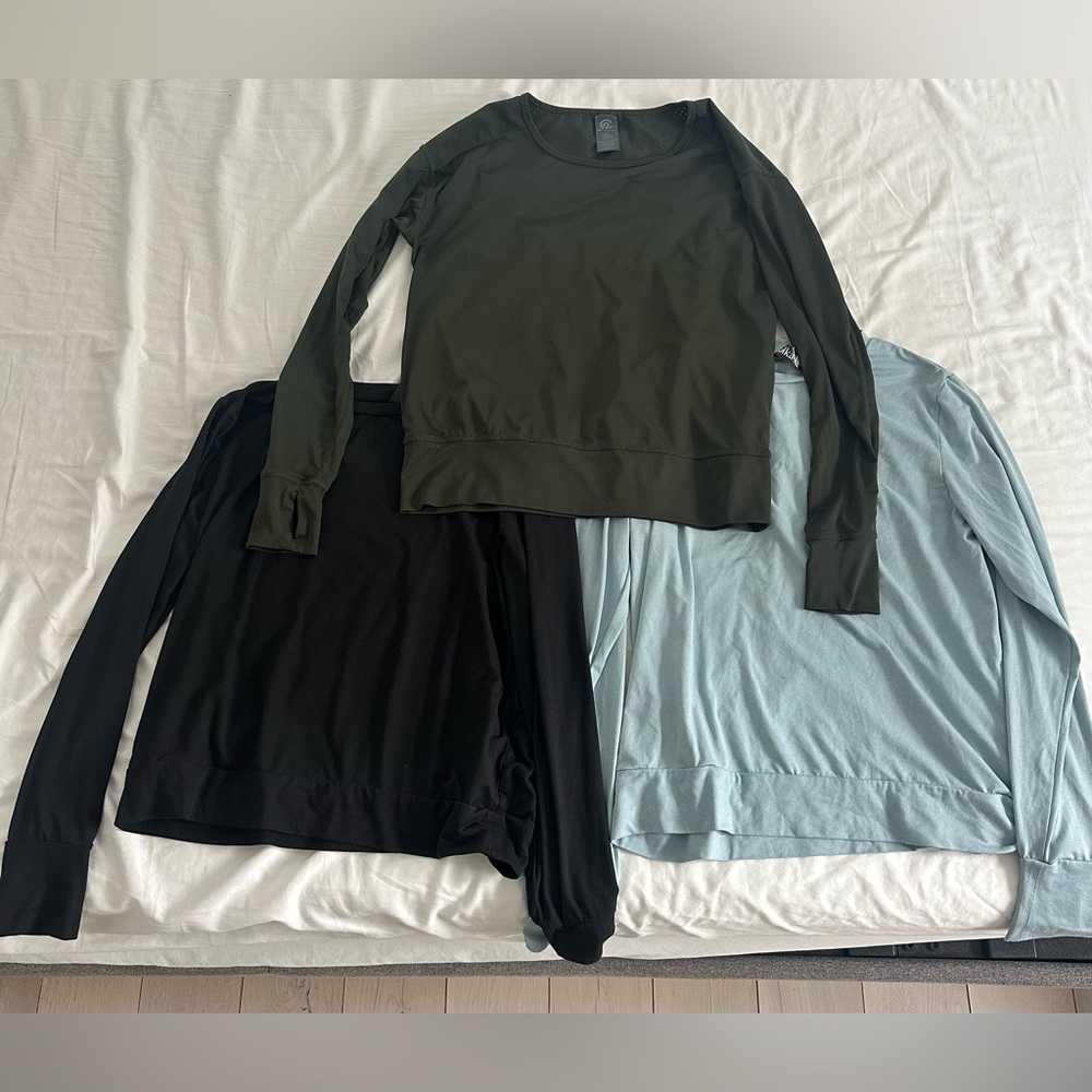 Set of 3 Long Sleeve Activewear Tops - Black, Olive, Light Blue